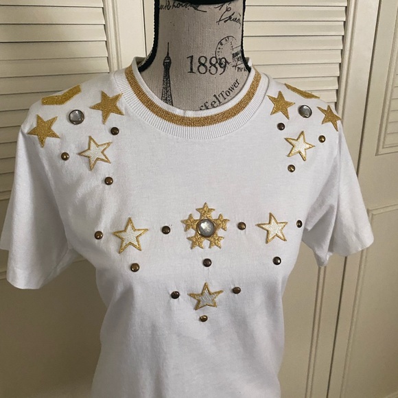 Gepetto white knit blouse t-shirt gold embroidered Stars Celestial vintage - Picture 9 of 17